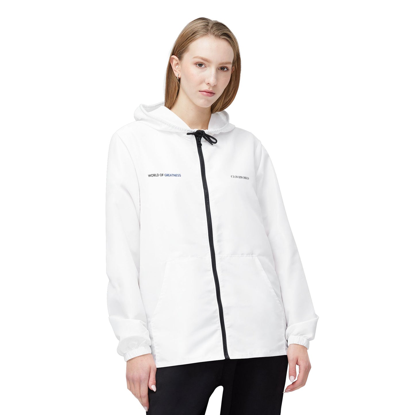 Minimalist White Windbreaker Jacket — Hooded Zip-Up with Subtle Text Detail