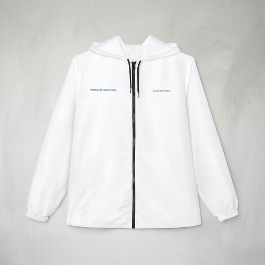 Minimalist White Windbreaker Jacket — Hooded Zip-Up with Subtle Text Detail